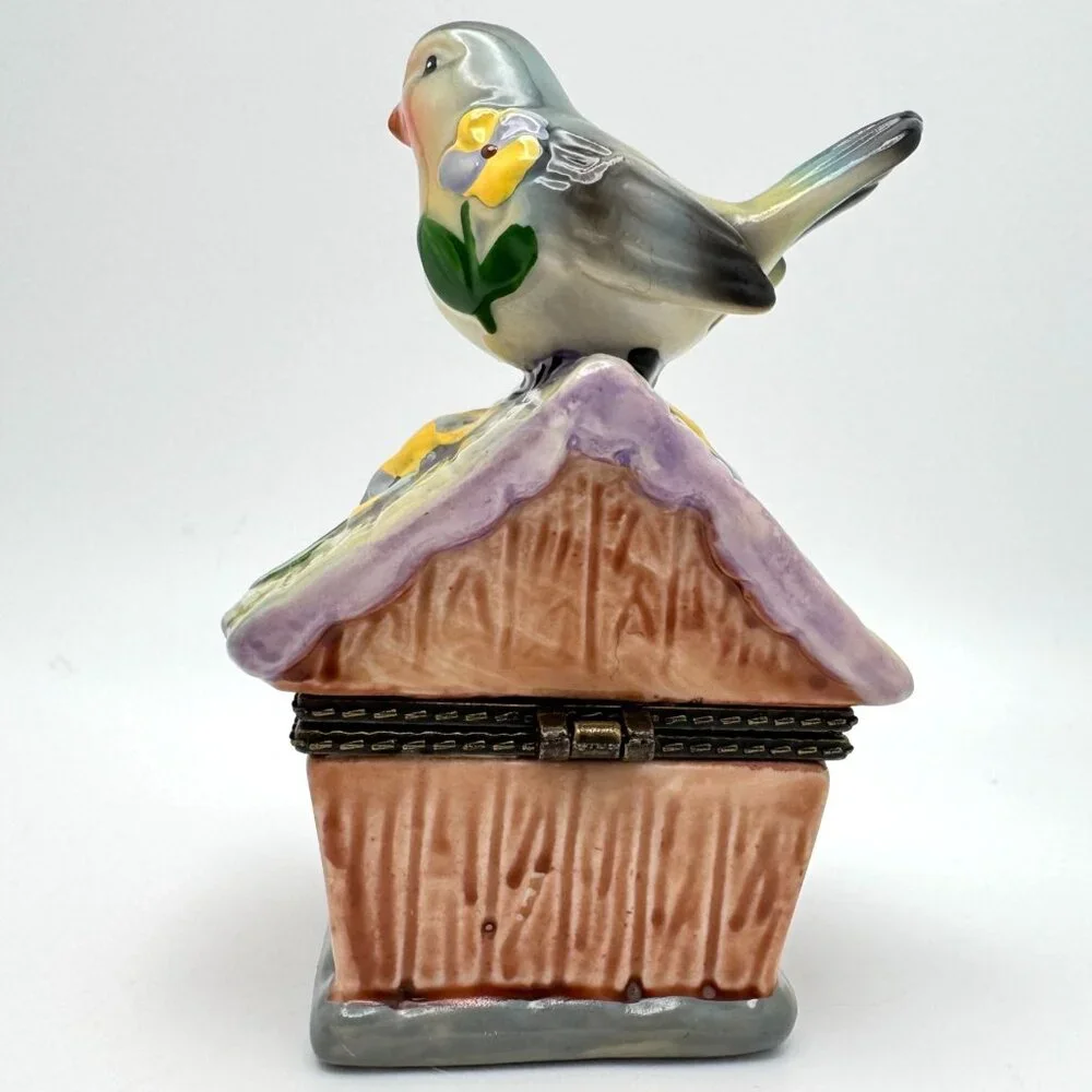 Bird Green Birdhouse Floral Trinket Box with a White Bird Figurine 2